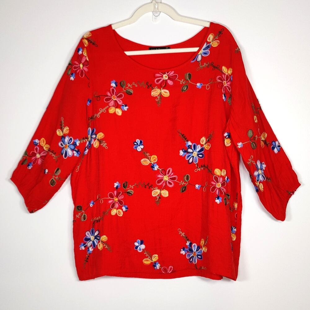 Ana & Rose Red Embroidered Floral Blouse 2X XXL Boho Cottagecore Top